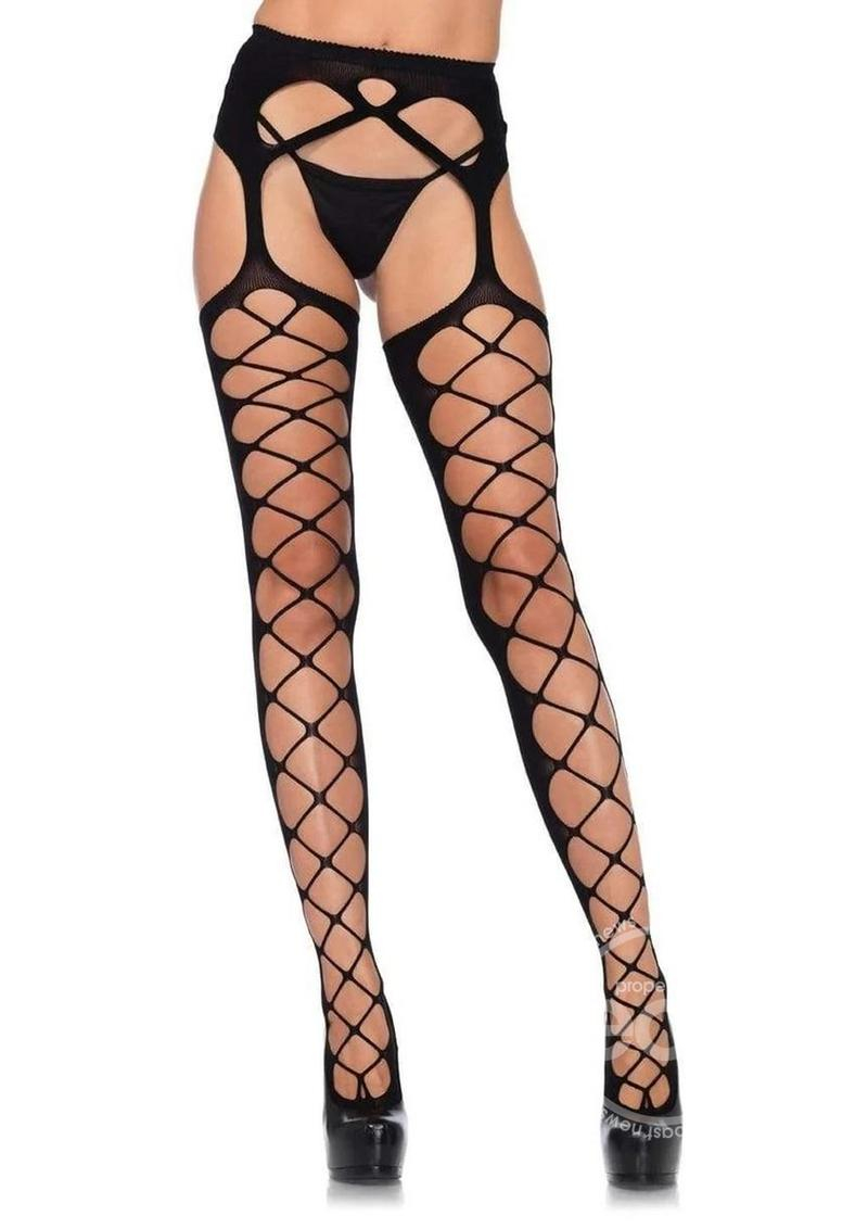 LEG AVENUE - DIAMOND NET OPAQUE STOCKING W/ ATTACHED GARTER BELT