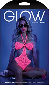Glow - Impress Me Cut-out Lace Bodysuit with Open Caged Back - Neon Pink